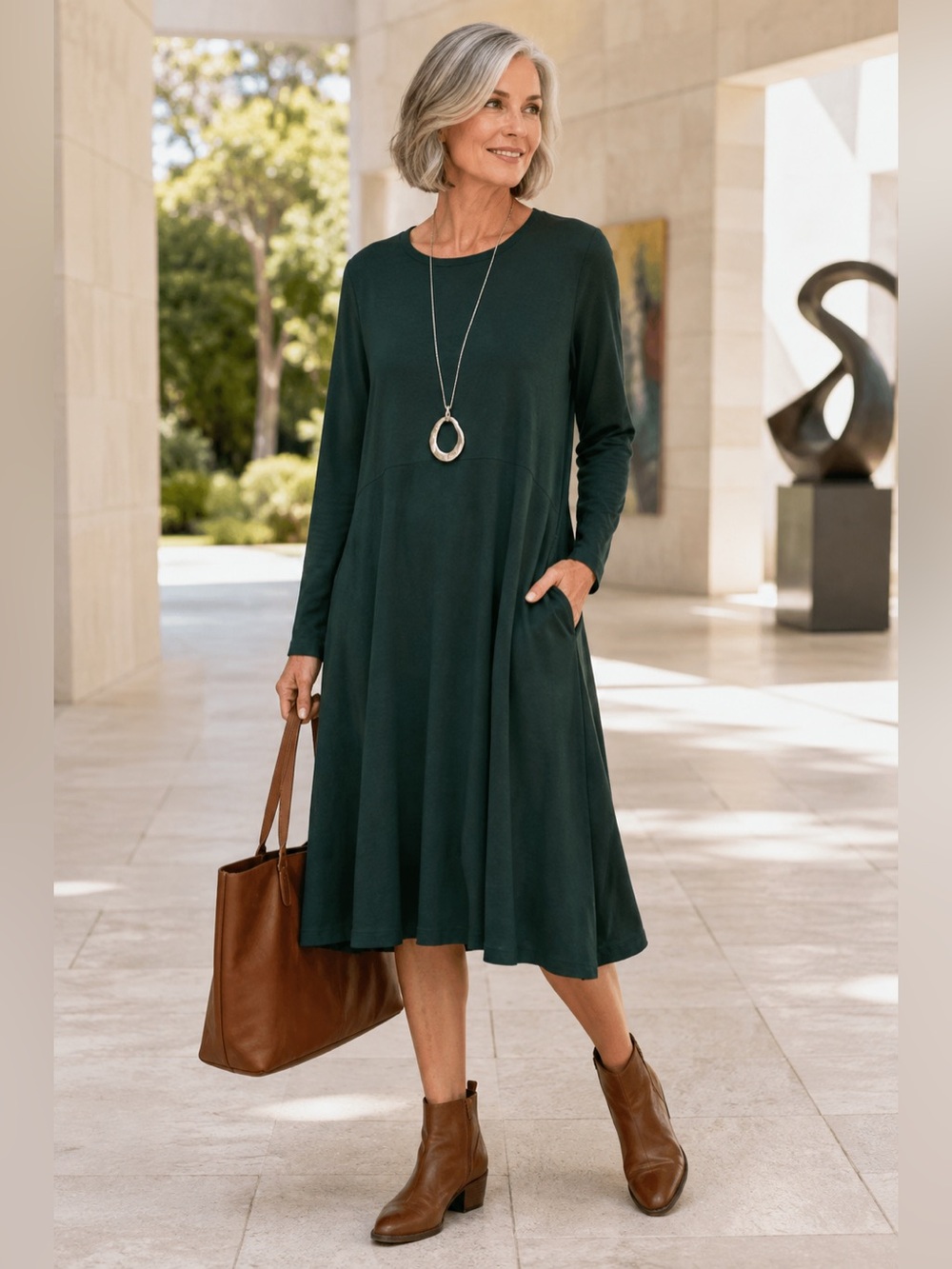 Pure Jill J Jill Forest Green Pima Cotton Lagenlook Swing Dress Pockets S